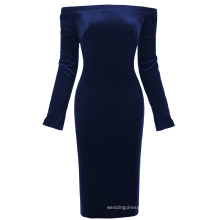 Kate Kasin Women's Long Sleeve Off Shoulder Hips-Wrapped Navy blue Velvet Bodycon Pencil Dress KK000500-2